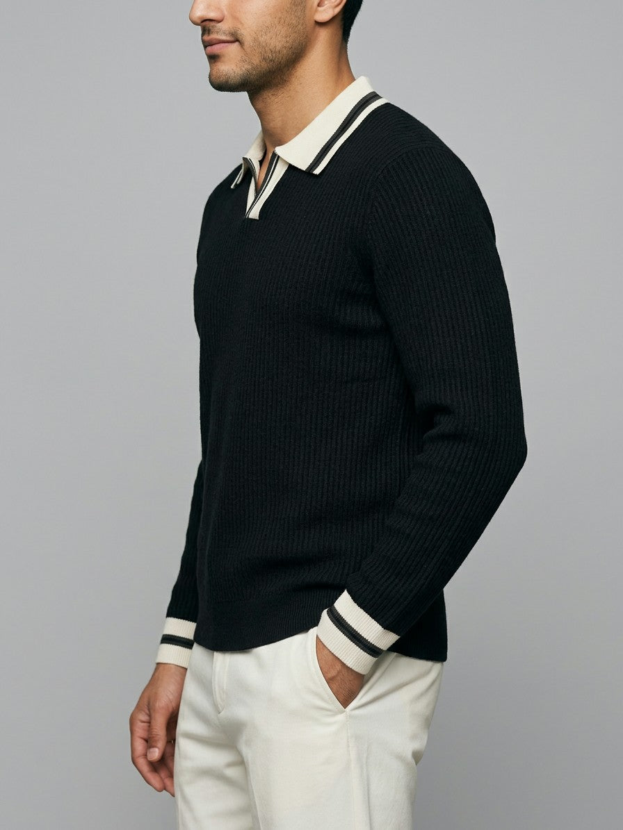 Asolo Men's Contrast-Trim Polo Sweater — black — side