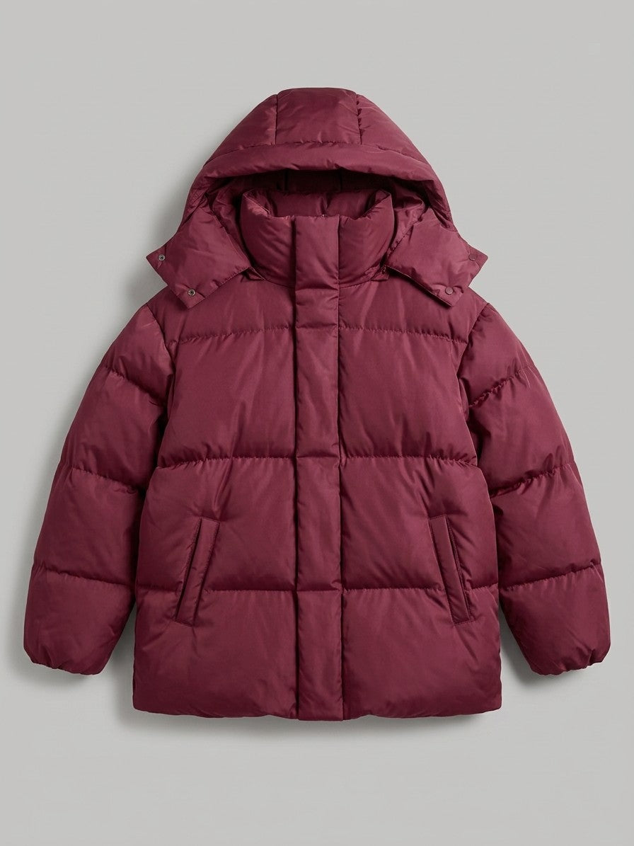 Atessa Women's Oversized Hooded Puffer Jacket — burgundy — packshot