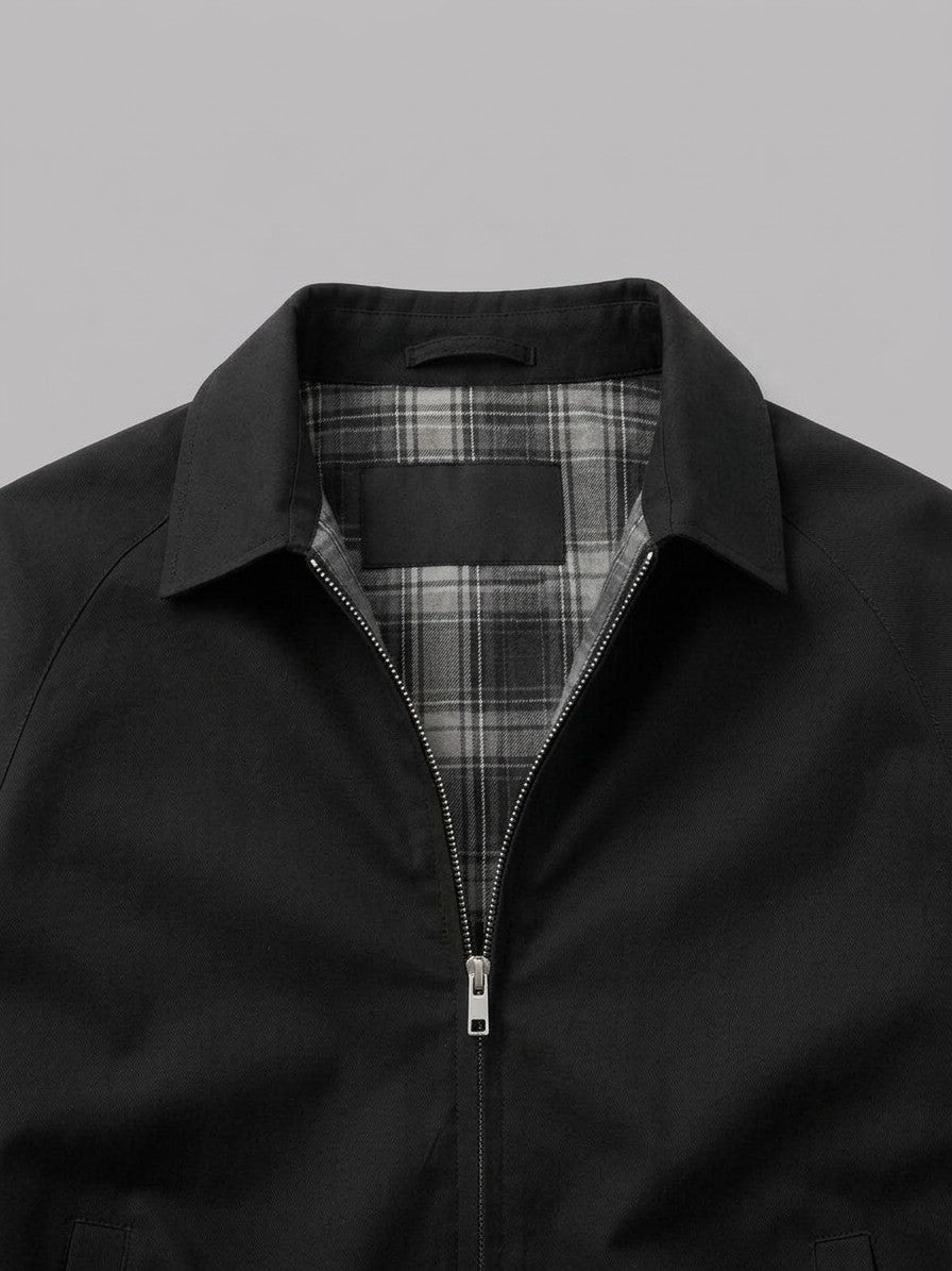 Atina Men's Flannel-Lined Raglan Harrington Jacket — black — detail