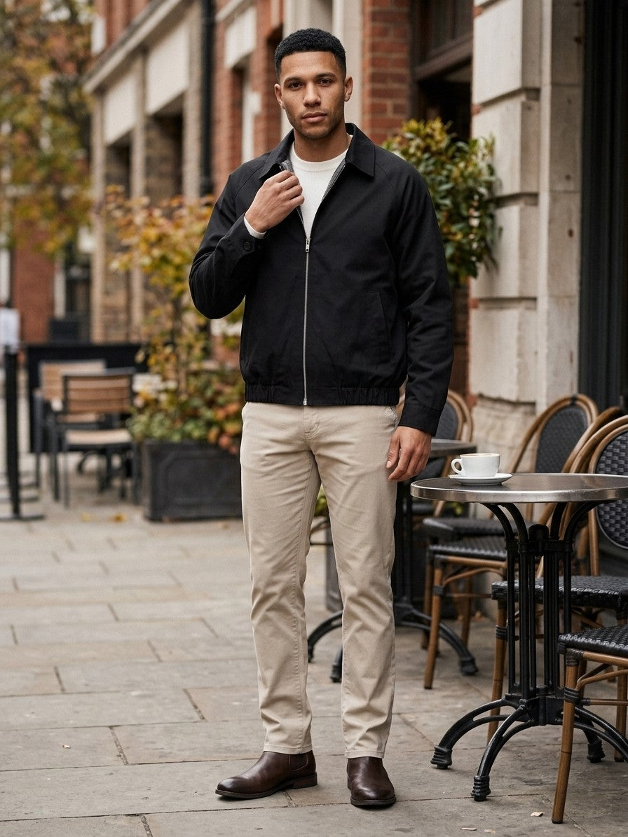 Atina Men's Flannel-Lined Raglan Harrington Jacket — black — lifestyle