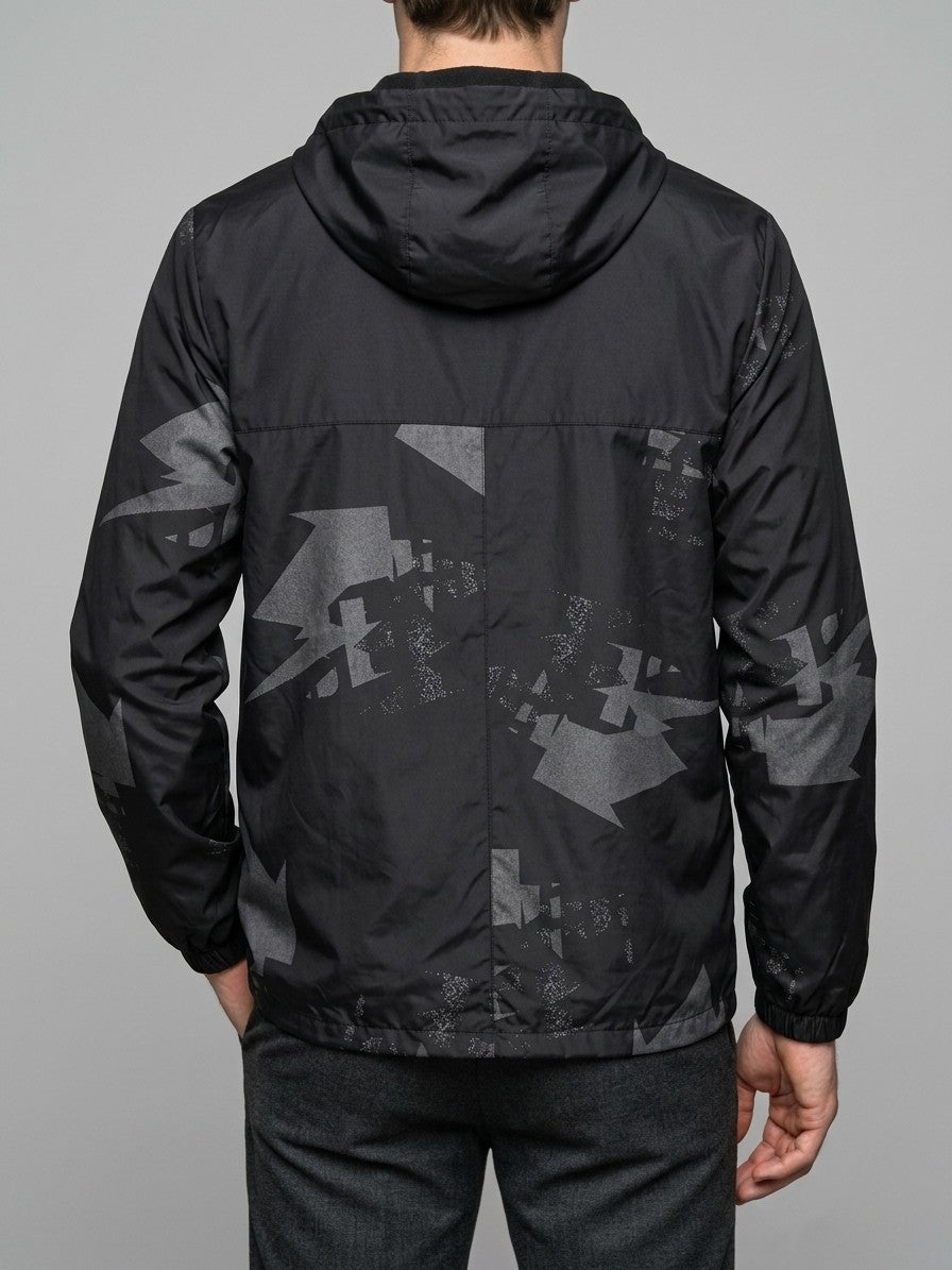 Atri Men's Abstract Print Hooded Windbreaker — black — back