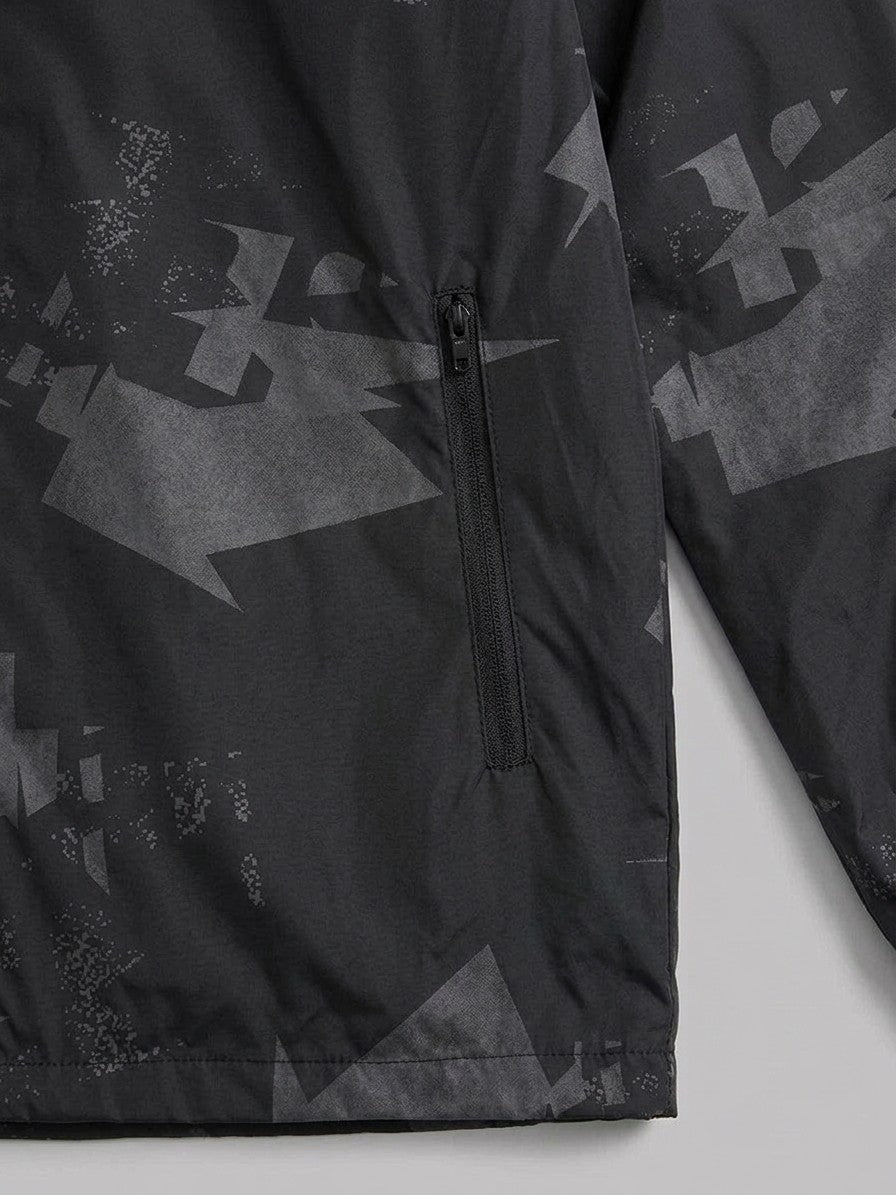 Atri Men's Abstract Print Hooded Windbreaker — black — detail-collar