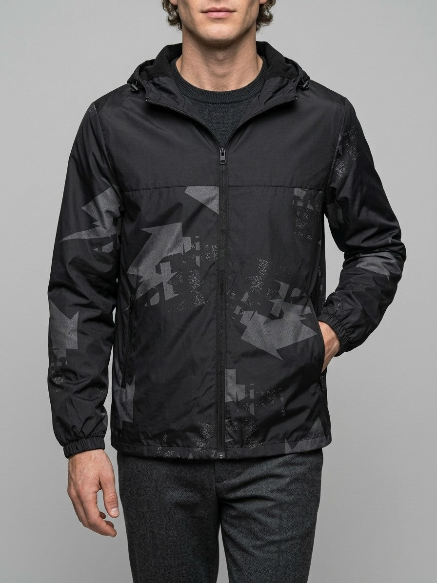 Atri Men's Abstract Print Hooded Windbreaker — black — front