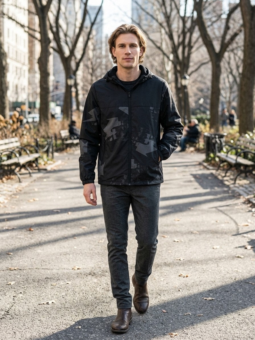 Atri Men's Abstract Print Hooded Windbreaker — black — lifestyle