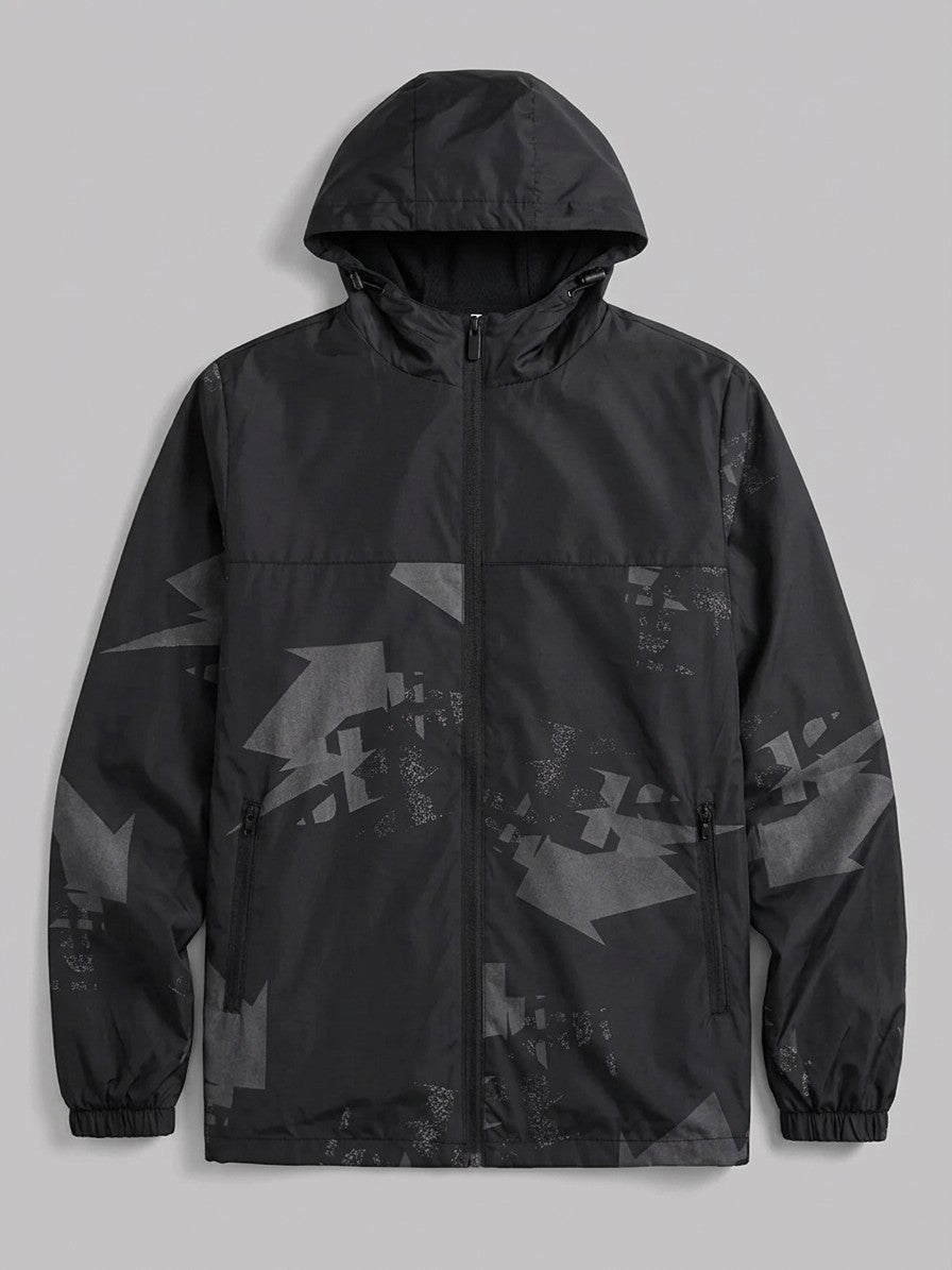 Atri Men's Abstract Print Hooded Windbreaker — black — packshot