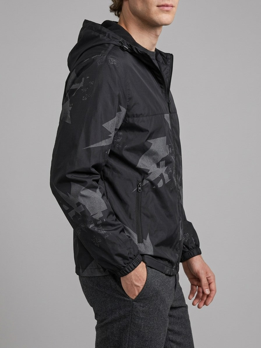Atri Men's Abstract Print Hooded Windbreaker — black — side