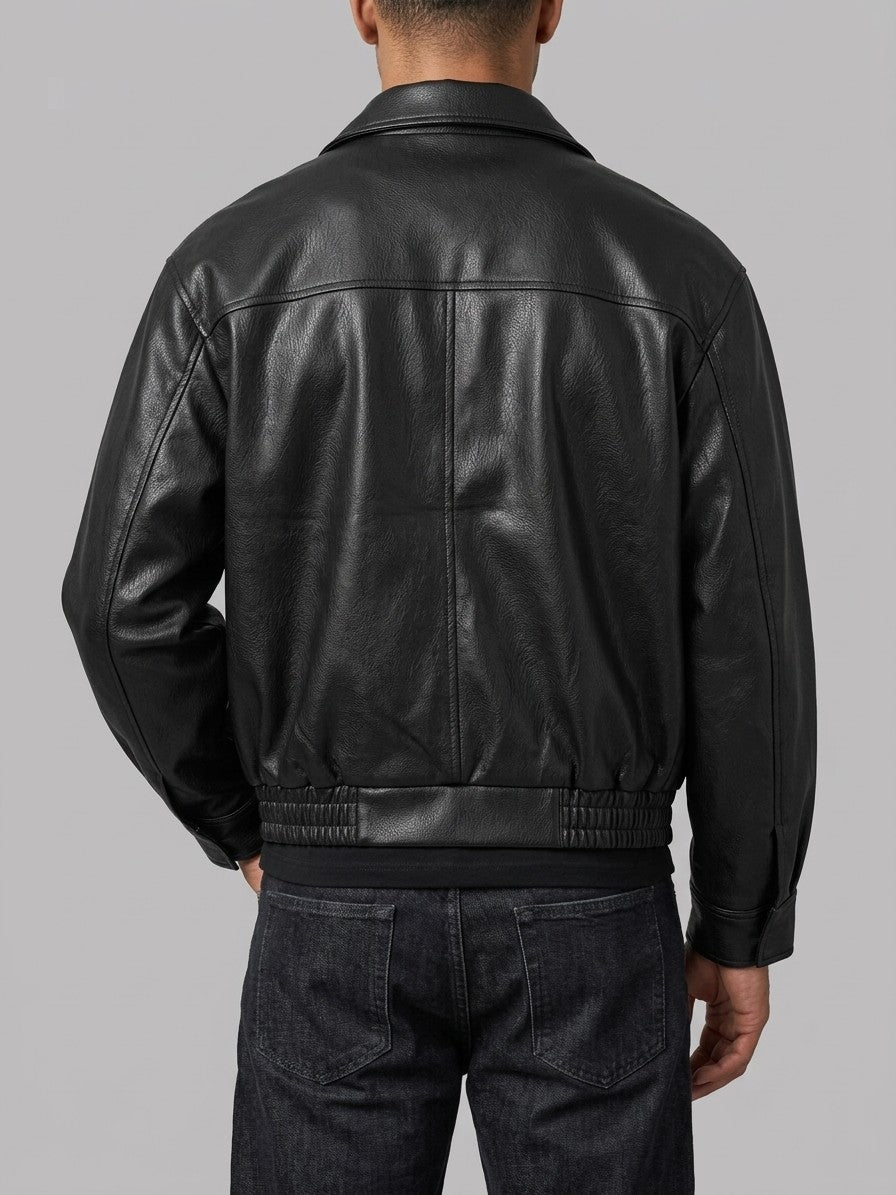 Aulla Men's Diagonal-Flap Faux Leather Bomber Jacket — black — back