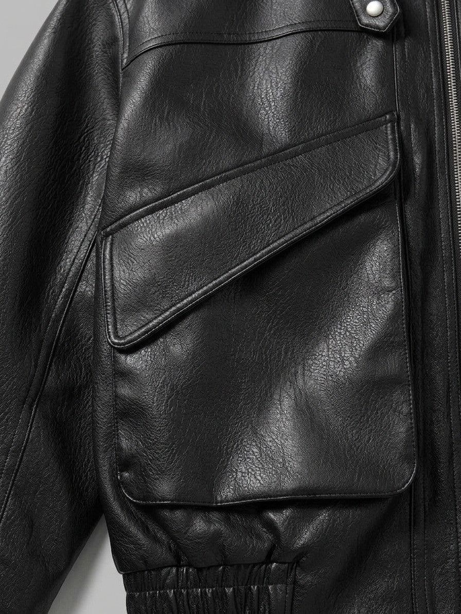 Aulla Men's Diagonal-Flap Faux Leather Bomber Jacket — black — detail-2