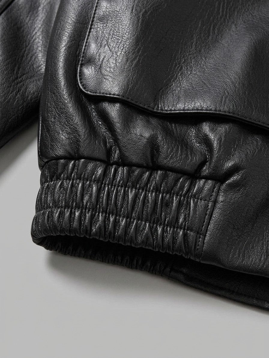 Aulla Men's Diagonal-Flap Faux Leather Bomber Jacket — black — detail-collar