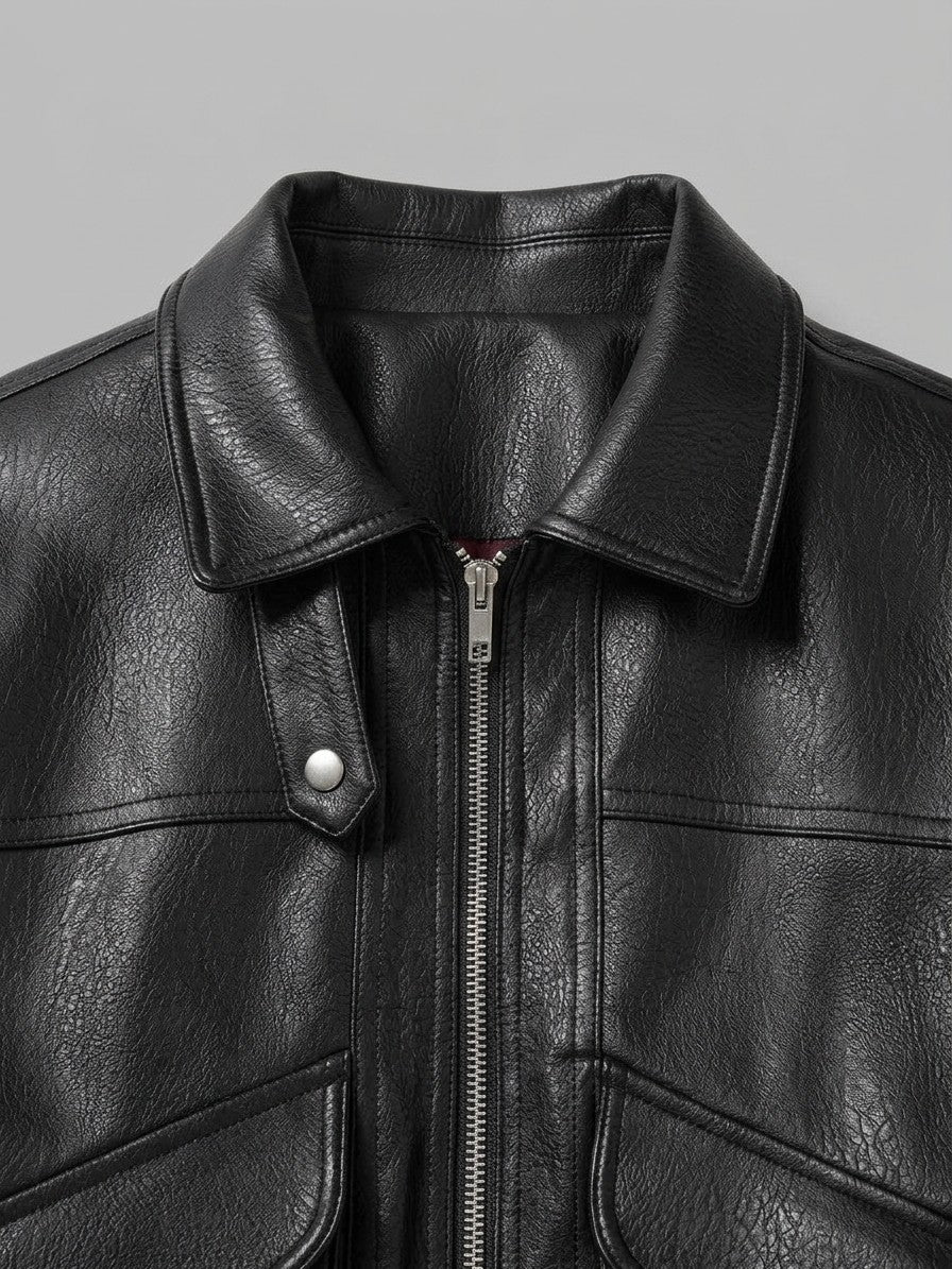Aulla Men's Diagonal-Flap Faux Leather Bomber Jacket — black — detail