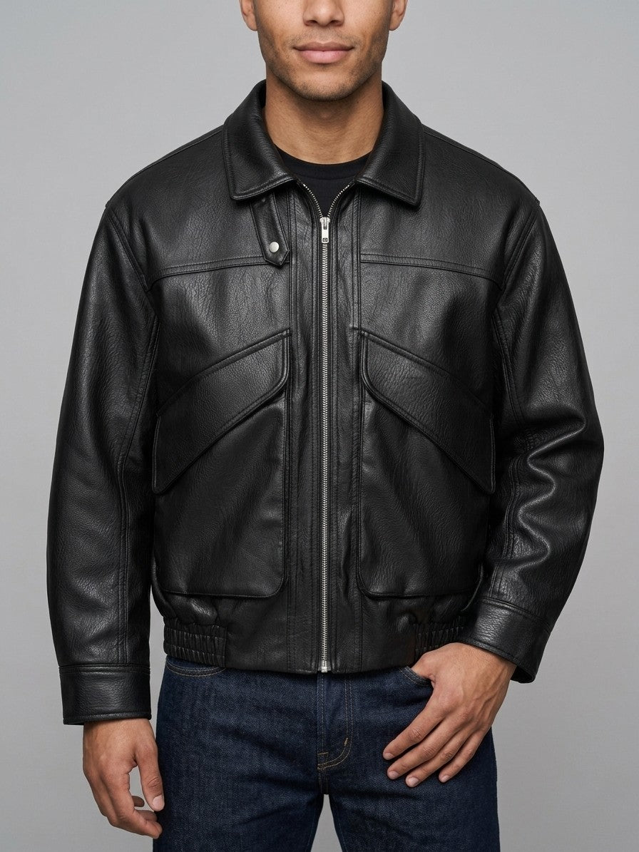 Aulla Men's Diagonal-Flap Faux Leather Bomber Jacket — black — front