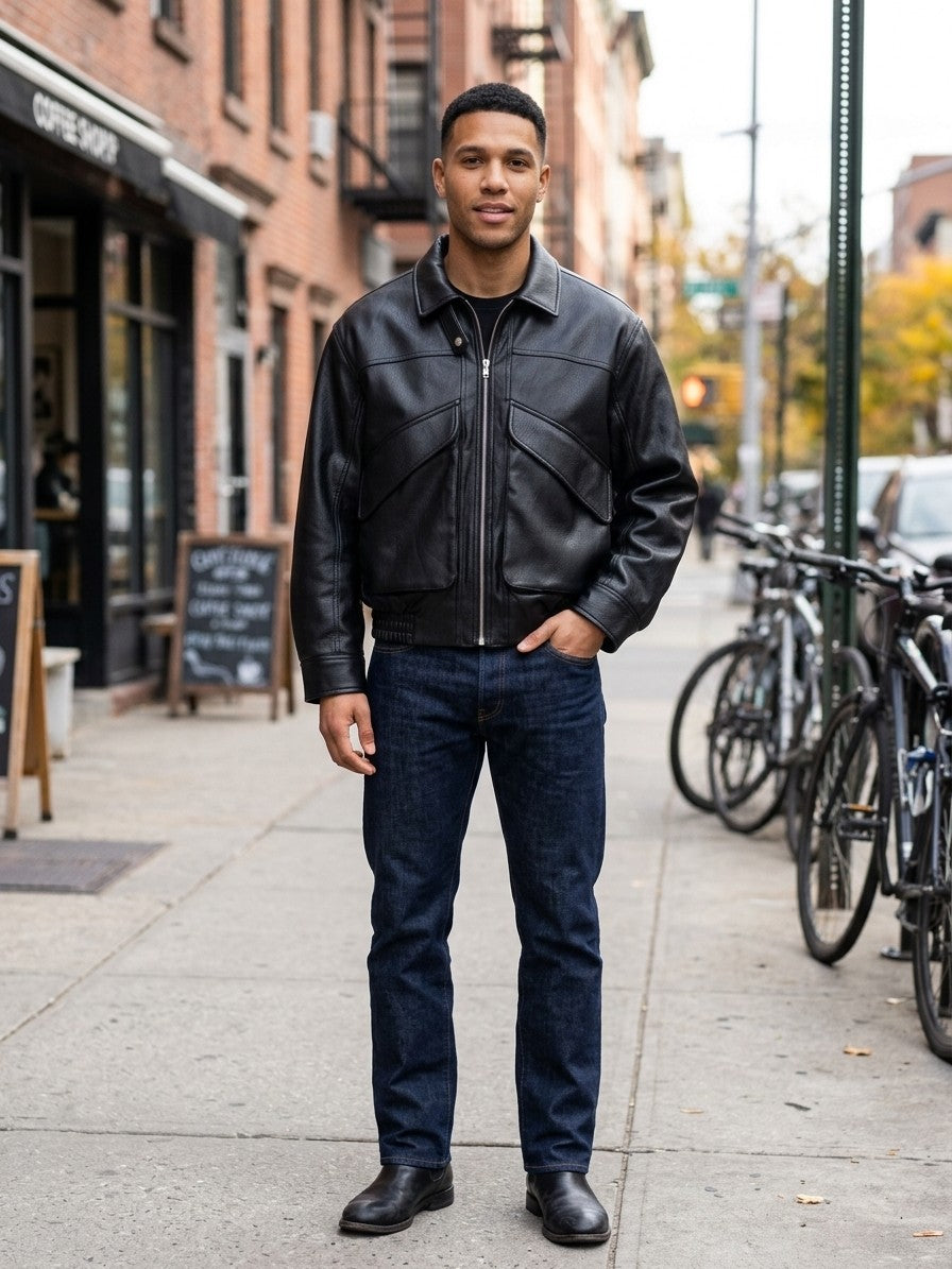 Aulla Men's Diagonal-Flap Faux Leather Bomber Jacket — black — lifestyle