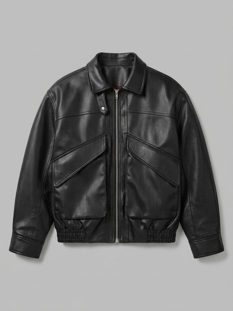 Aulla Men's Diagonal-Flap Faux Leather Bomber Jacket — black — packshot