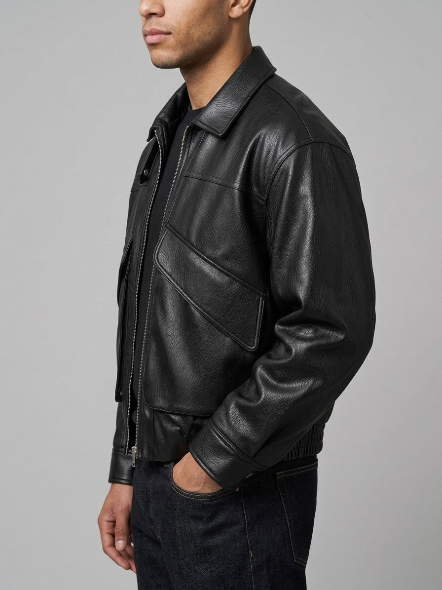 Aulla Men's Diagonal-Flap Faux Leather Bomber Jacket — black — side
