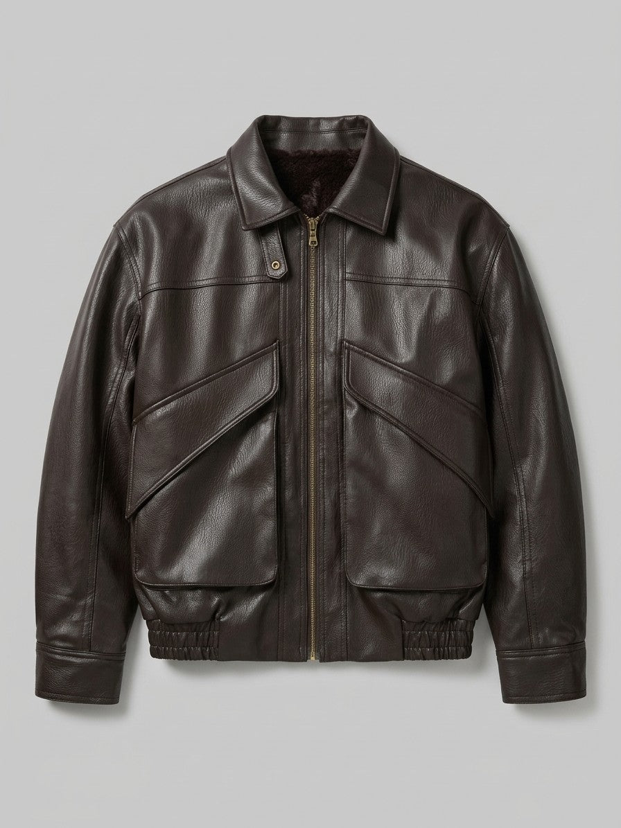Aulla Men's Diagonal-Flap Faux Leather Bomber Jacket — espressobrown — packshot