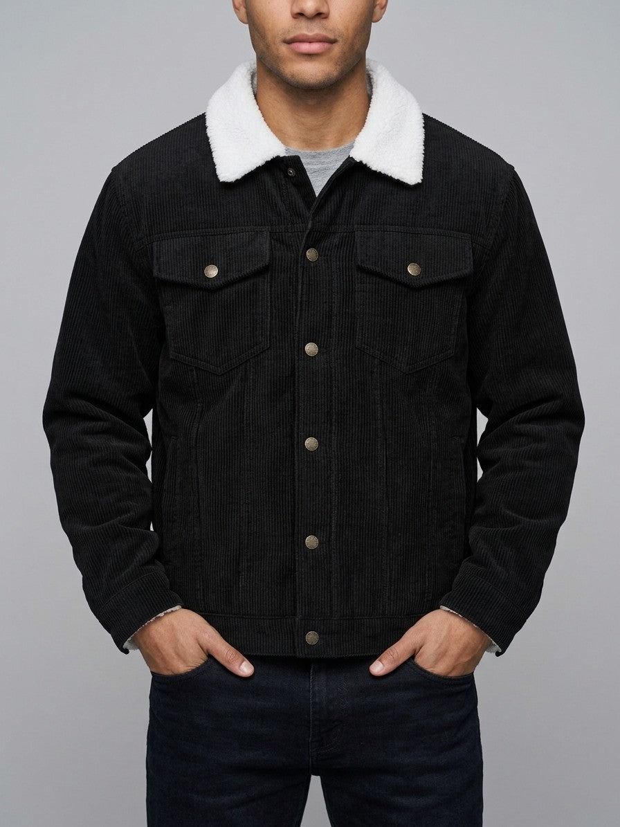 Auronzo Men's Sherpa-Lined Corduroy Trucker Jacket — black — front