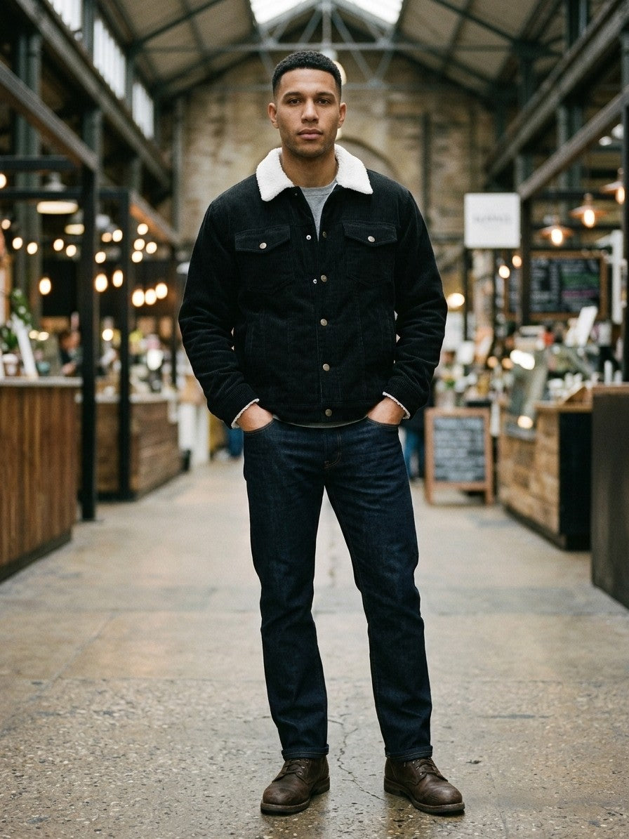 Auronzo Men's Sherpa-Lined Corduroy Trucker Jacket — black — lifestyle