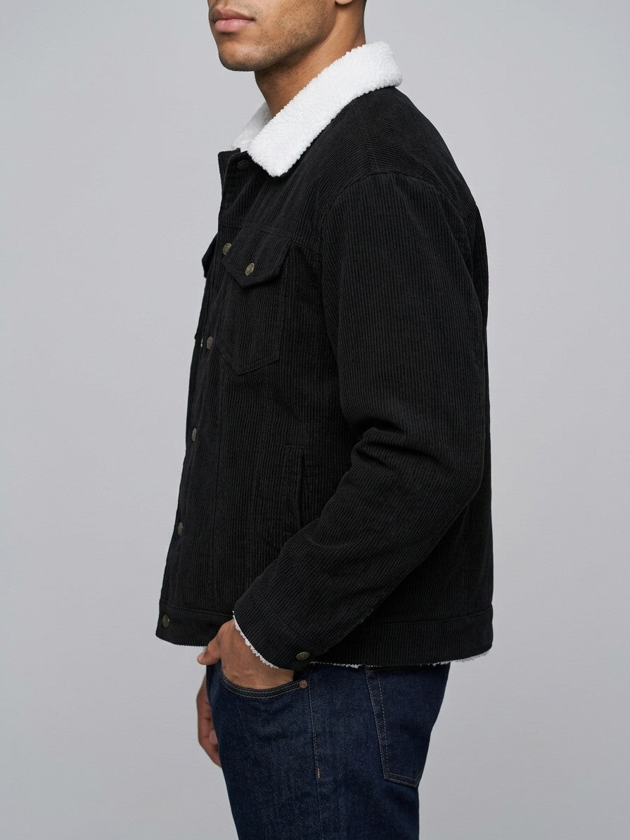 Auronzo Men's Sherpa-Lined Corduroy Trucker Jacket — black — side