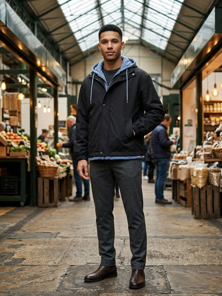 Avellino Men's Two-in-One Hooded Windbreaker — black — lifestyle