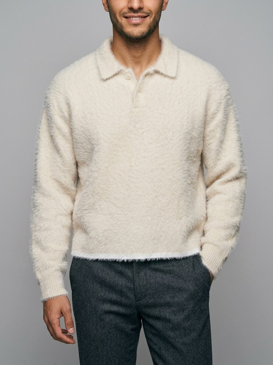 Badolato Men's Fluffy Polo Sweater — cream — front