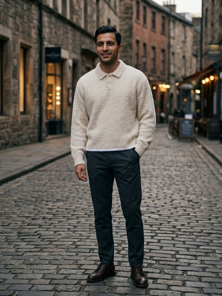 Badolato Men's Fluffy Polo Sweater — cream — lifestyle
