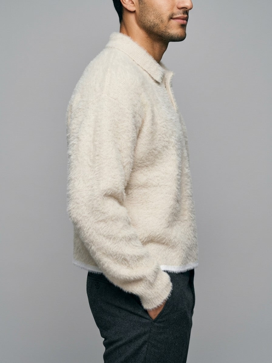 Badolato Men's Fluffy Polo Sweater — cream — side