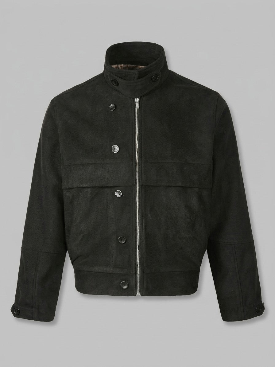Bagnone Men's Stand-Collar Suede Utility Jacket — black — packshot
