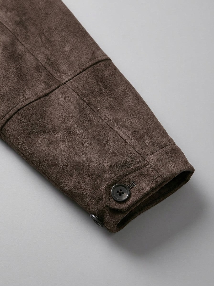 Bagnone Men's Stand-Collar Suede Utility Jacket — brown — detail-collar