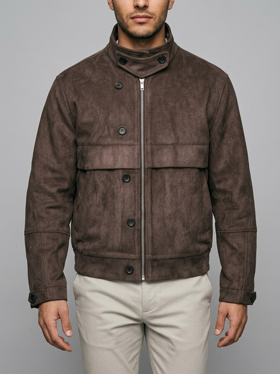 Bagnone Men's Stand-Collar Suede Utility Jacket — brown — front