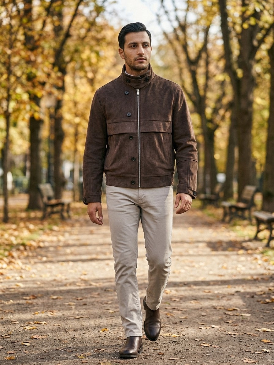 Bagnone Men's Stand-Collar Suede Utility Jacket — brown — lifestyle