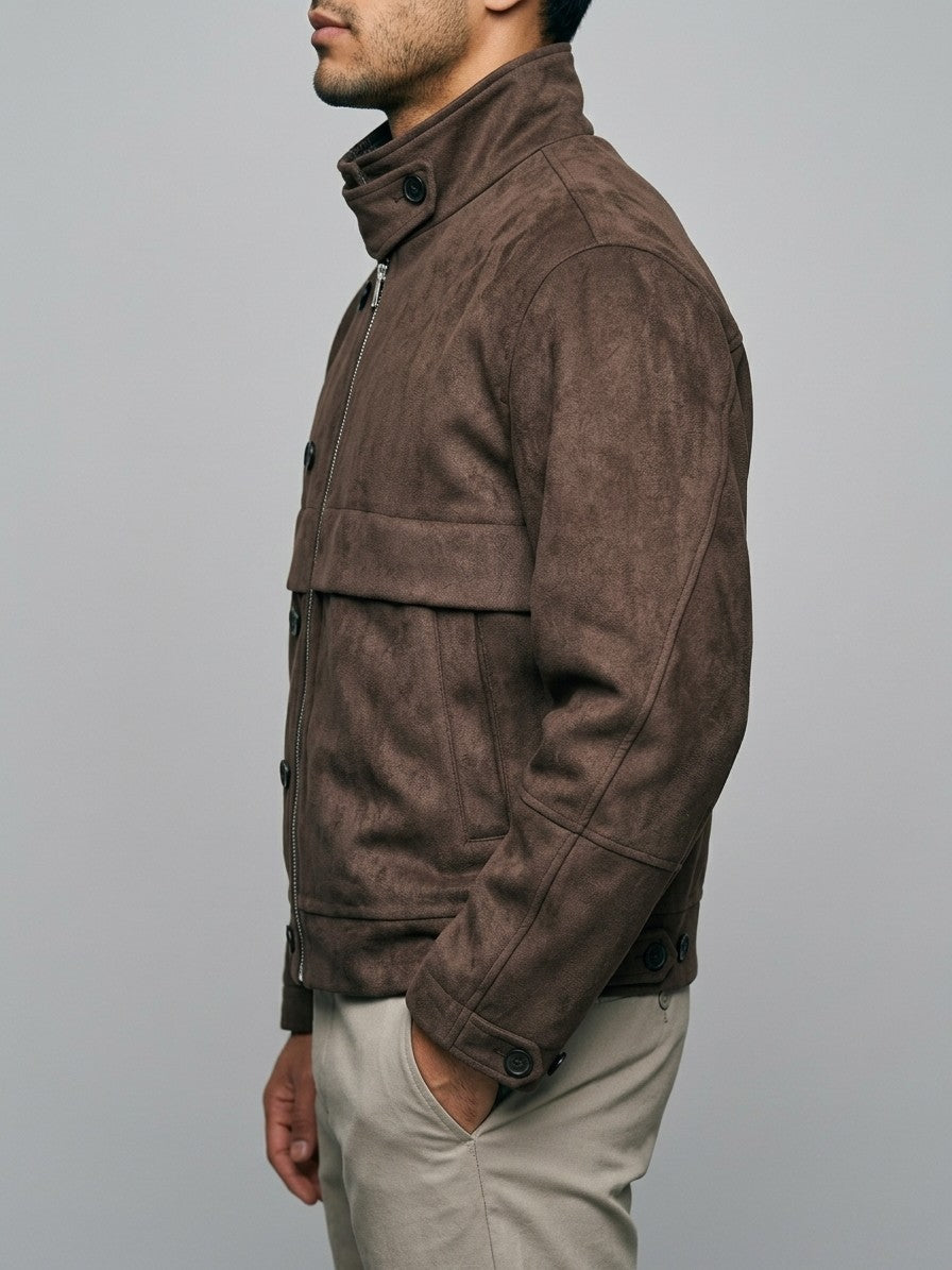 Bagnone Men's Stand-Collar Suede Utility Jacket — brown — side