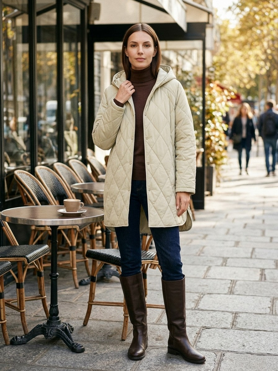 Bagnoregio Women's Diamond Quilted Hooded Coat — beige — lifestyle