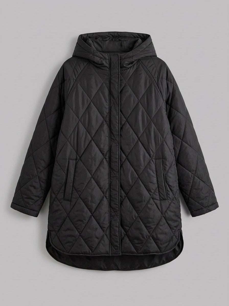 Bagnoregio Women's Diamond Quilted Hooded Coat — black — packshot