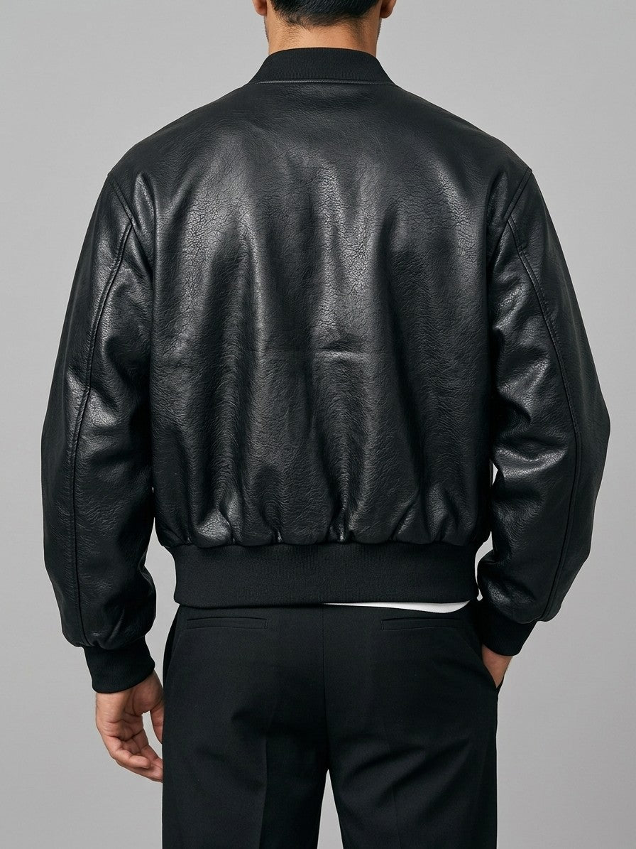 Bardi Men's Piped-Seam Faux Leather Bomber Jacket — black — back