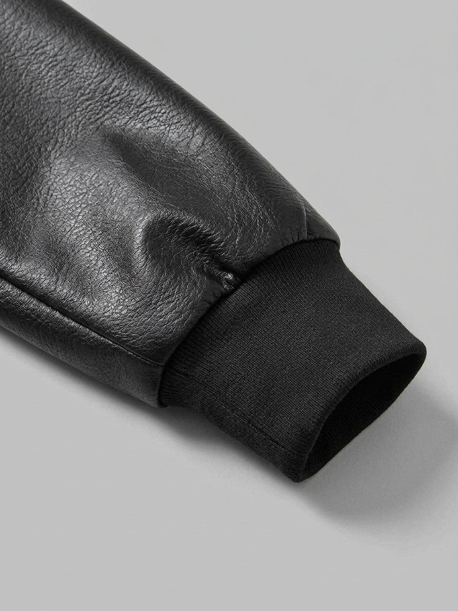 Bardi Men's Piped-Seam Faux Leather Bomber Jacket — black — detail-collar