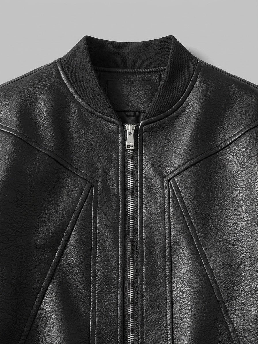 Bardi Men's Piped-Seam Faux Leather Bomber Jacket — black — detail