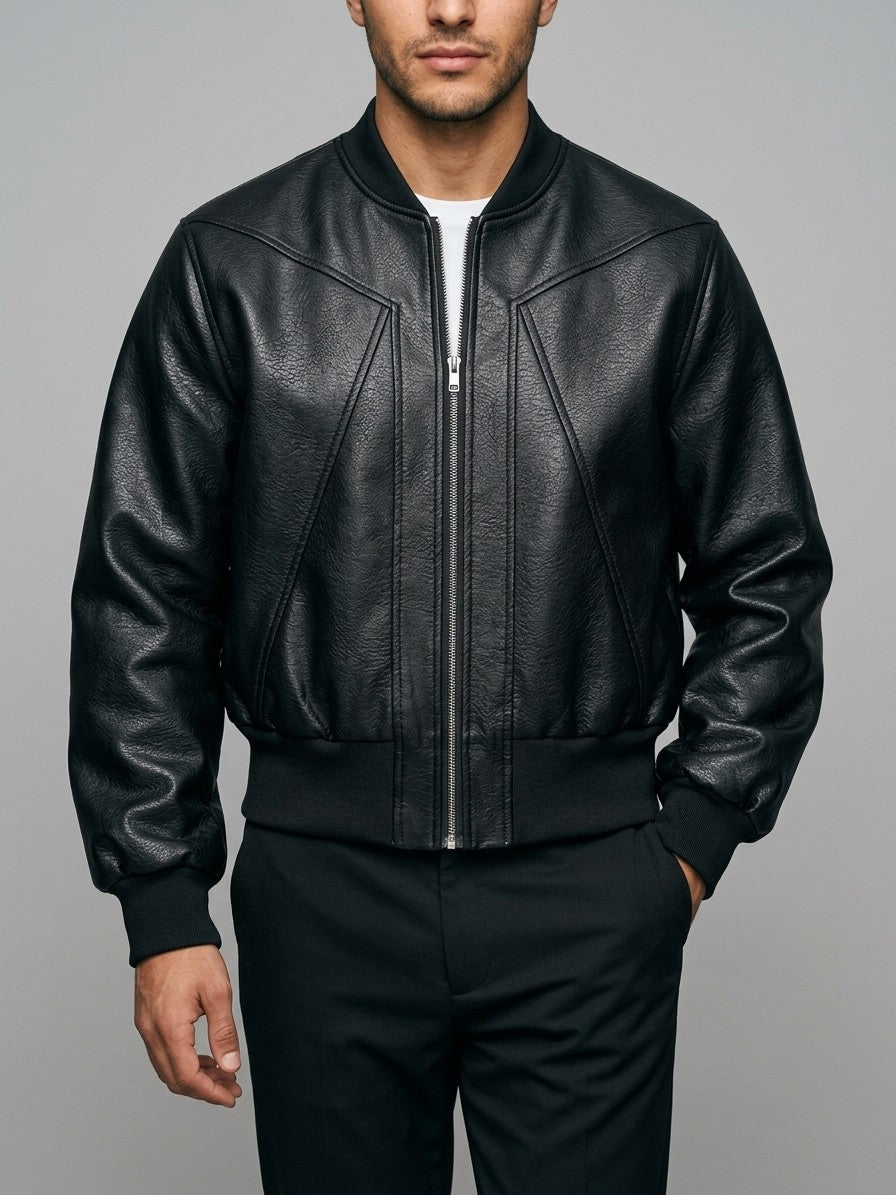 Bardi Men's Piped-Seam Faux Leather Bomber Jacket — black — front