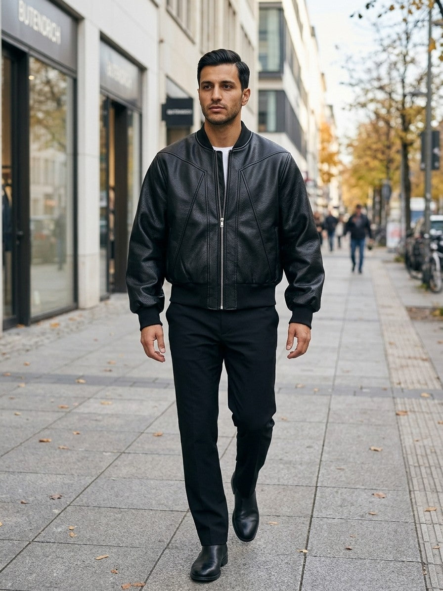 Bardi Men's Piped-Seam Faux Leather Bomber Jacket — black — lifestyle
