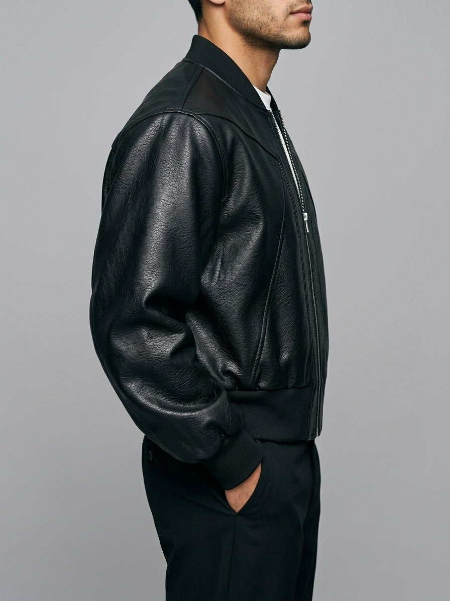 Bardi Men's Piped-Seam Faux Leather Bomber Jacket — black — side