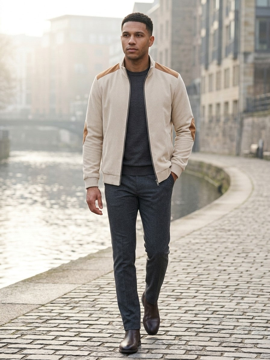 Barga Men's Elbow-Patch Corduroy Zip Jacket — apricot — lifestyle