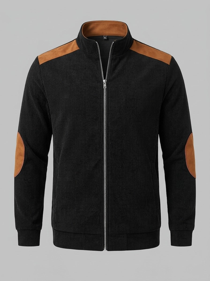 Barga Men's Elbow-Patch Corduroy Zip Jacket — black — packshot