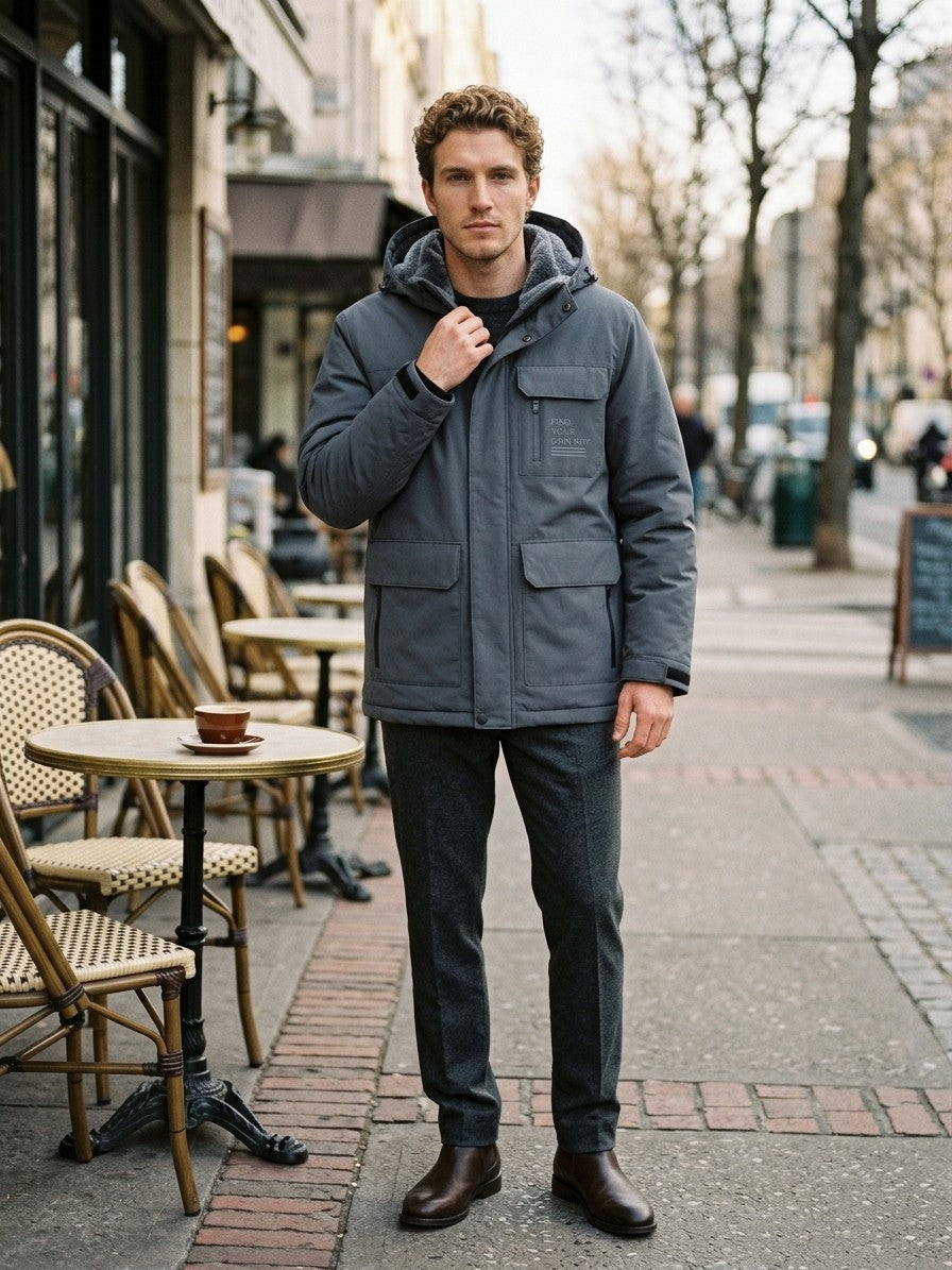 Barletta Men's Fleece-Lined Hooded Parka — grey — lifestyle