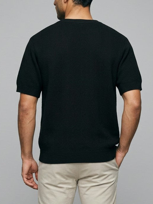 Barolo Men's Notched Short Sleeve Knit Top — black — back