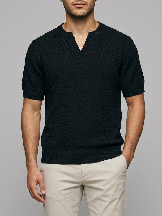 Barolo Men's Notched Short Sleeve Knit Top — black — front