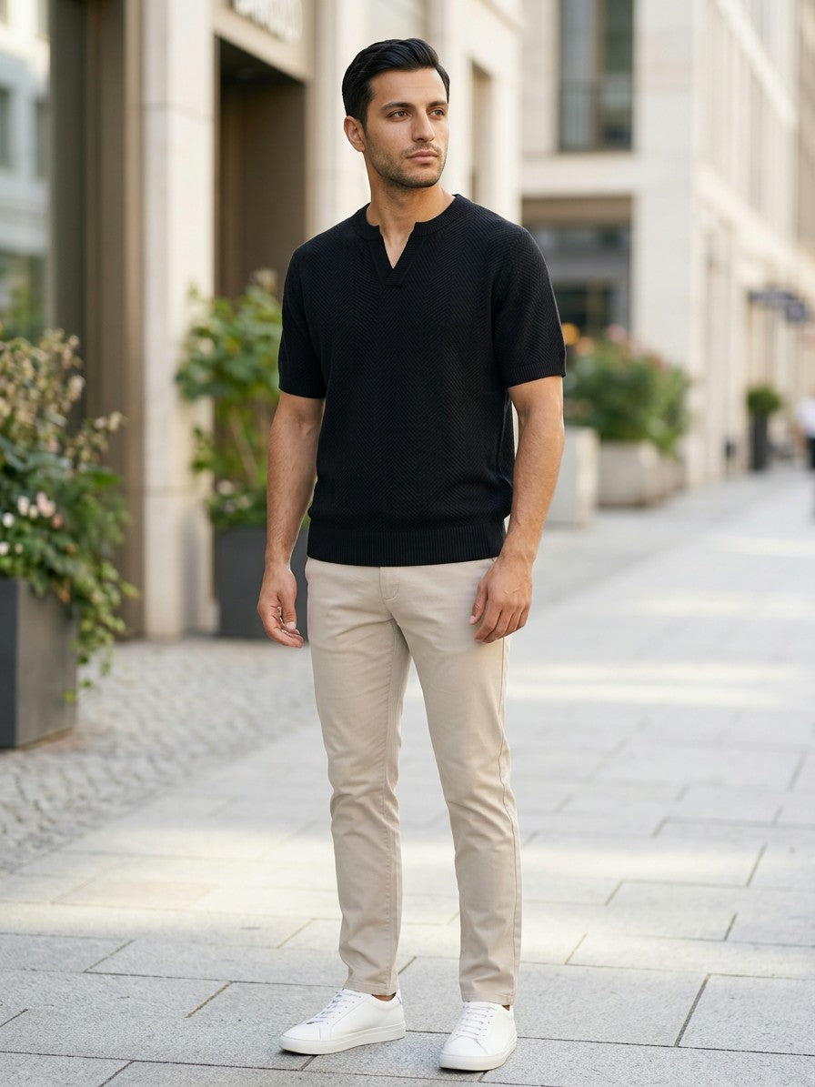Barolo Men's Notched Short Sleeve Knit Top — black — lifestyle