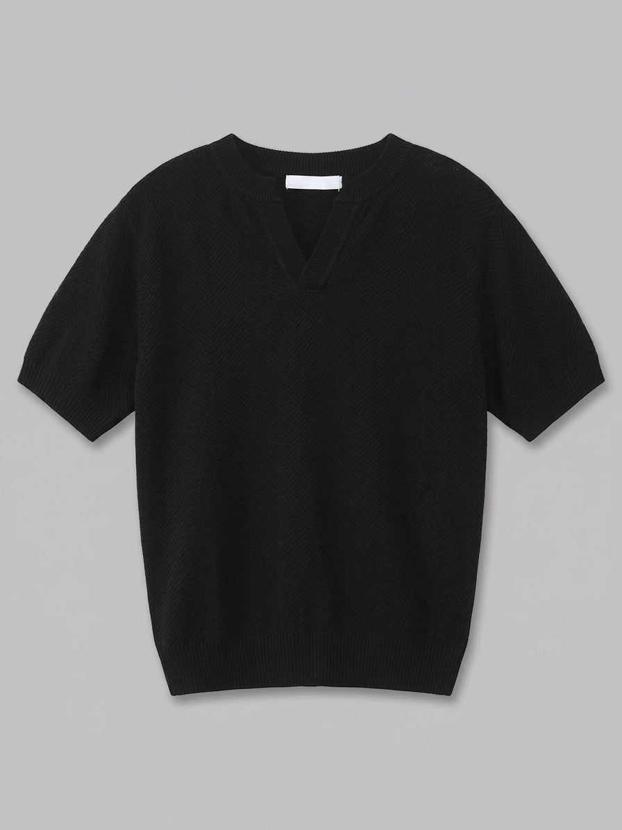 Barolo Men's Notched Short Sleeve Knit Top — black — packshot
