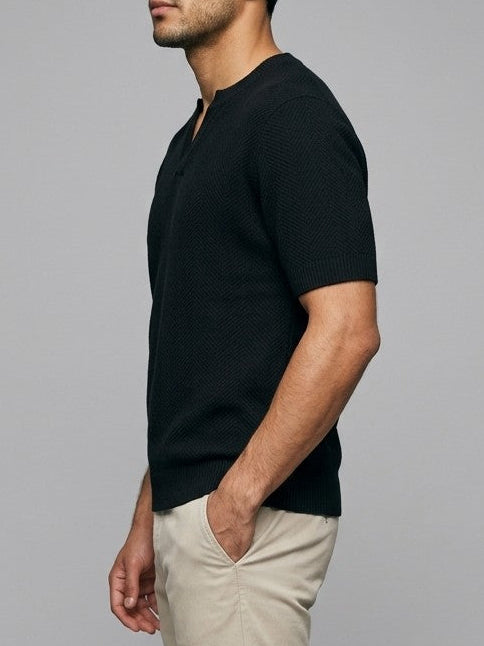 Barolo Men's Notched Short Sleeve Knit Top — black — side