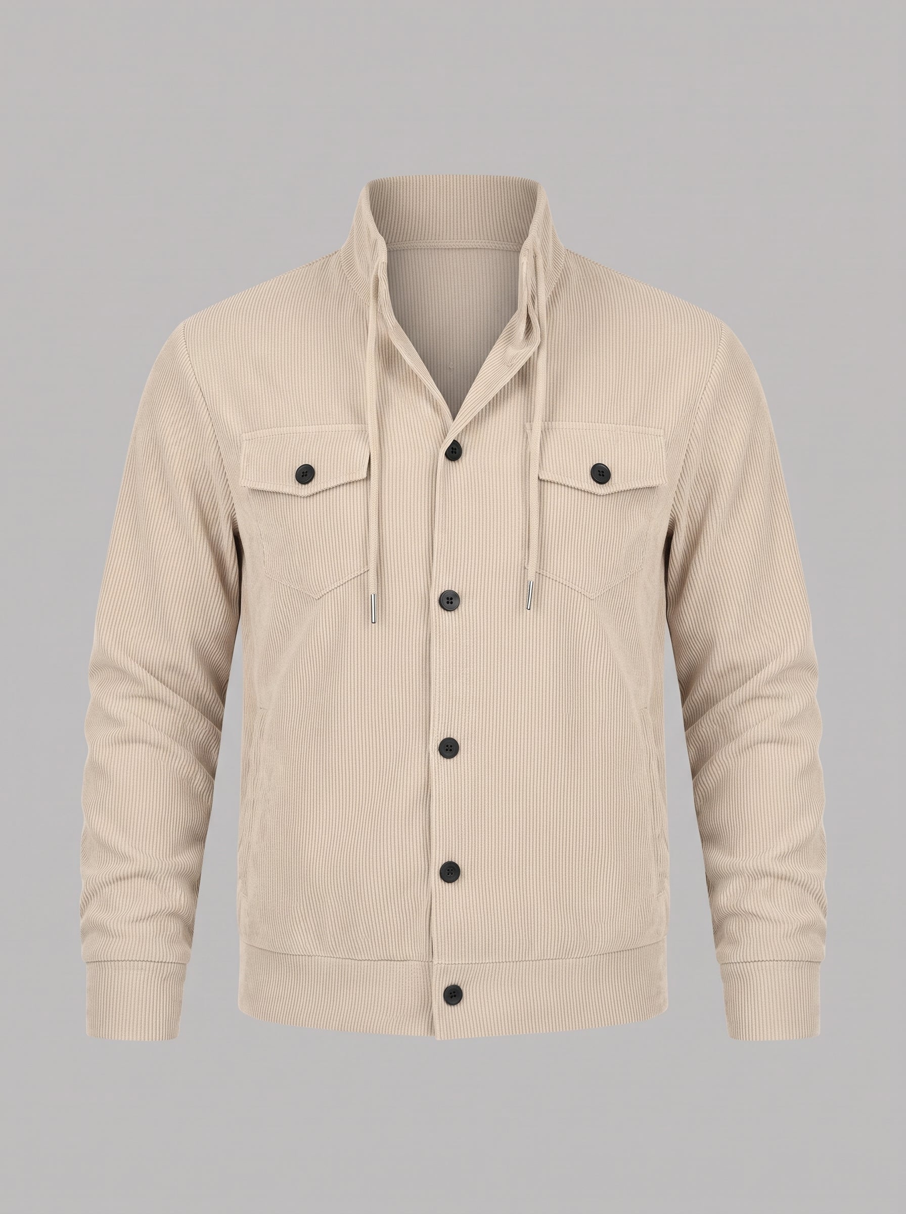 A beige corduroy jacket with a stand collar, drawstring, and snap-button front, displayed on a neutral gray background.