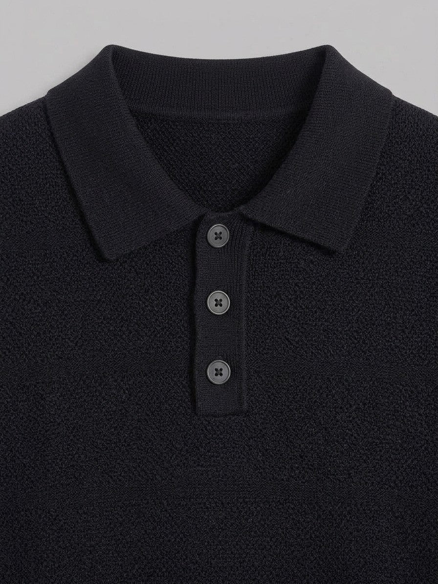 Bellagio Men's Button-Detail Knit Top — black — detail-collar