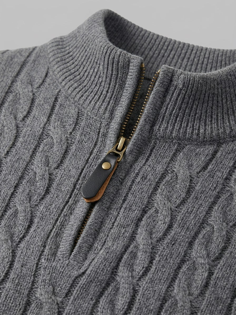 Belluno Men's Cable-Knit Half-Zip Sweater — gray — detail